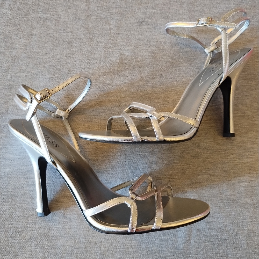 Guess by Marciano Silver Metallic Strappy High Heel Sandals